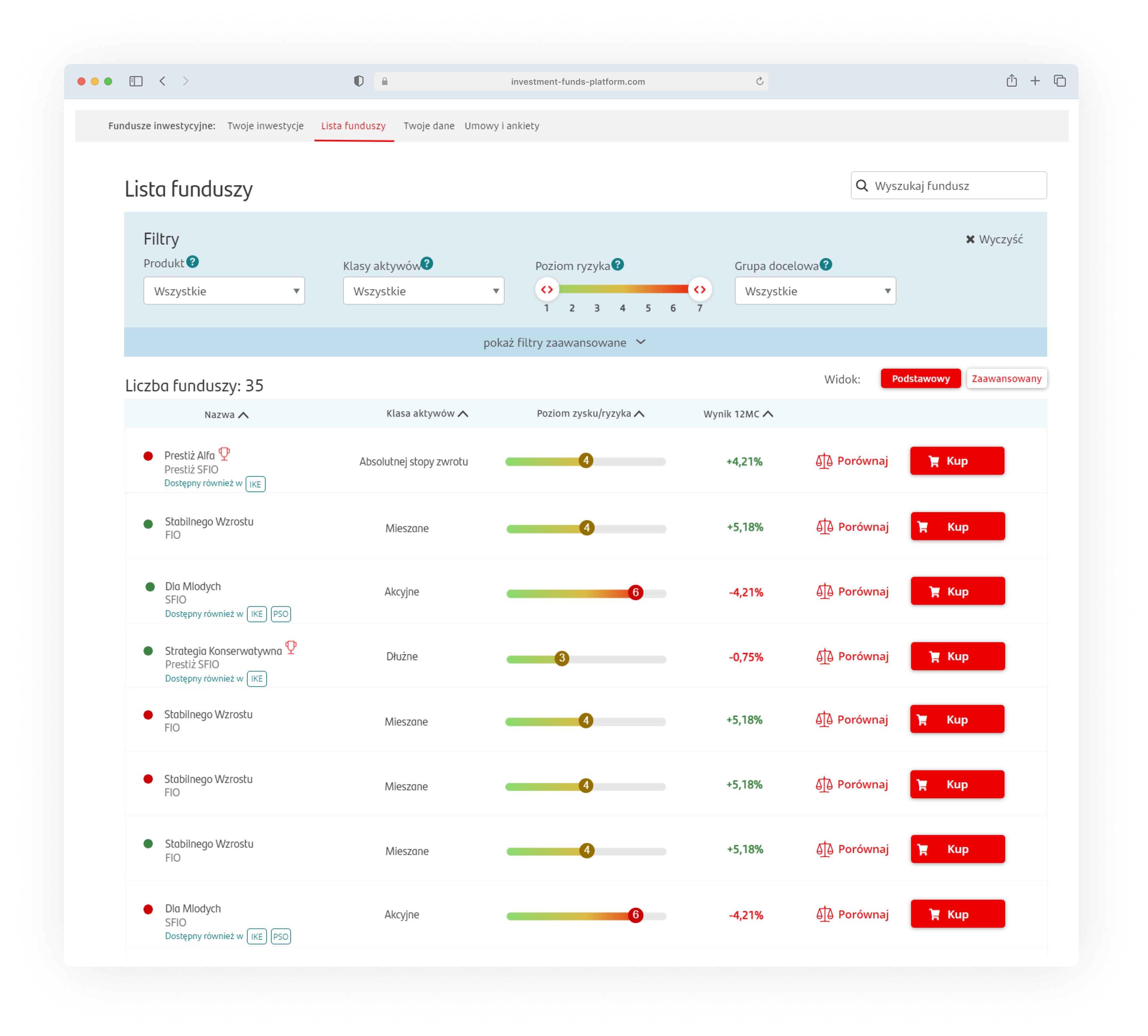 Fund list with risk filters and comparison view