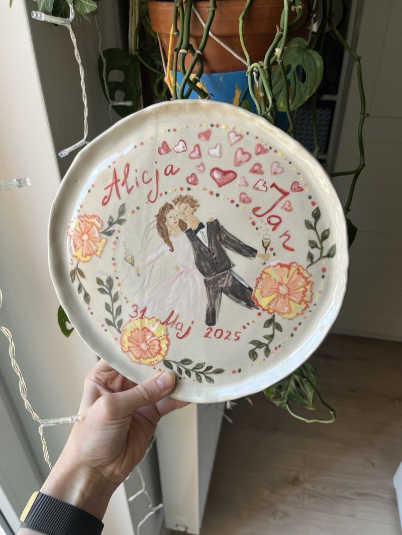 Hand-painted wedding plate with floral border