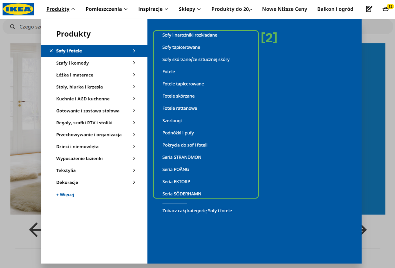 IKEA category dropdown - text-based subcategory navigation