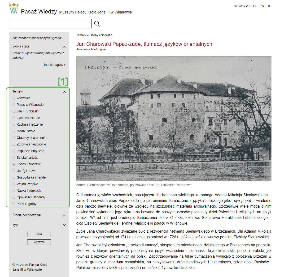 Pasaż Wiedzy Wilanów - tag cloud, search bar, and category navigation