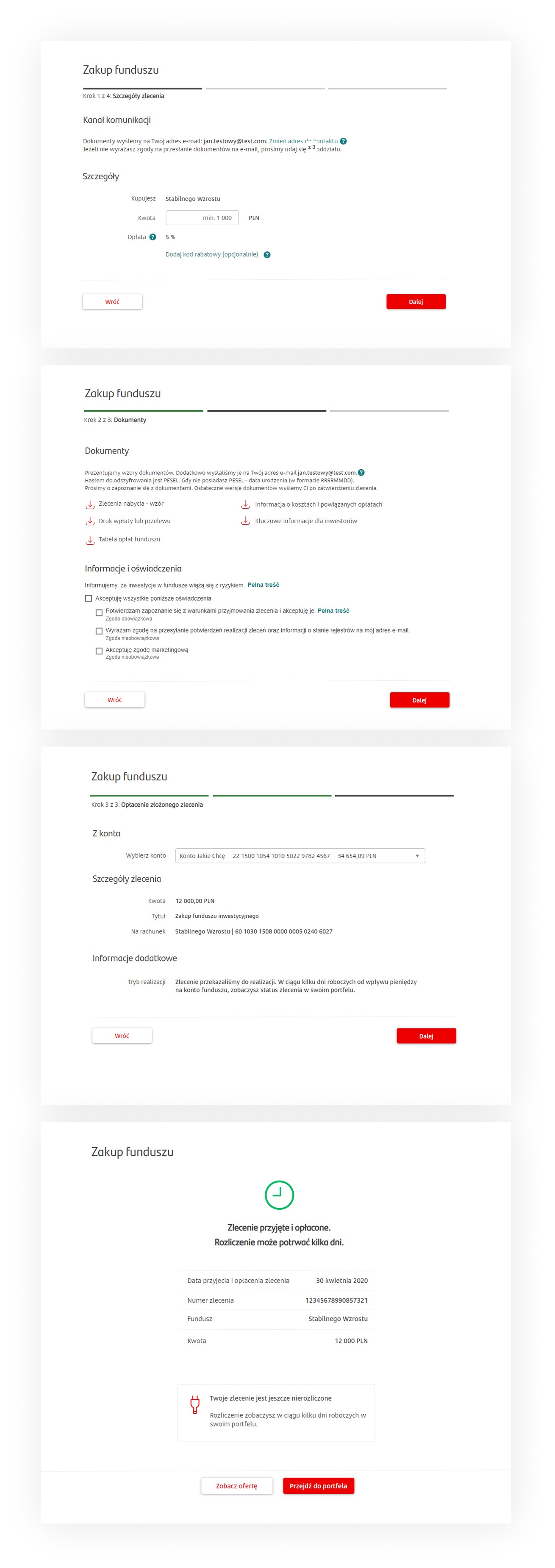 Purchase flow from fund selection through payment confirmation